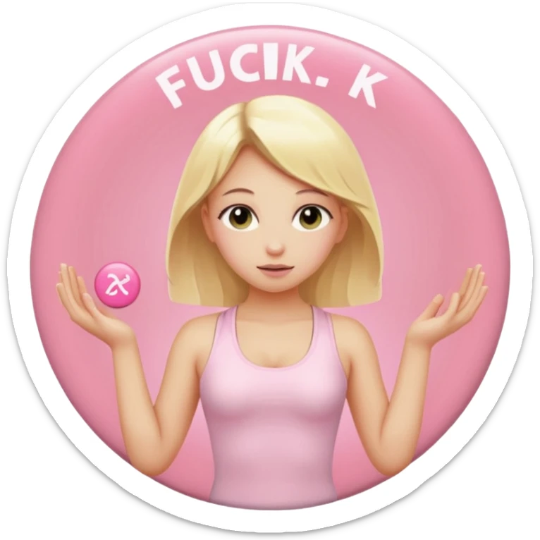 angelic blonde girl in light pink yoga outfit pushing "FUCK" pink button sticker