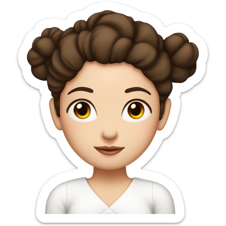 White girl with half-wavy dark brown hair with a bun in her hair with a white blouse sleeping on a pink pillow sticker