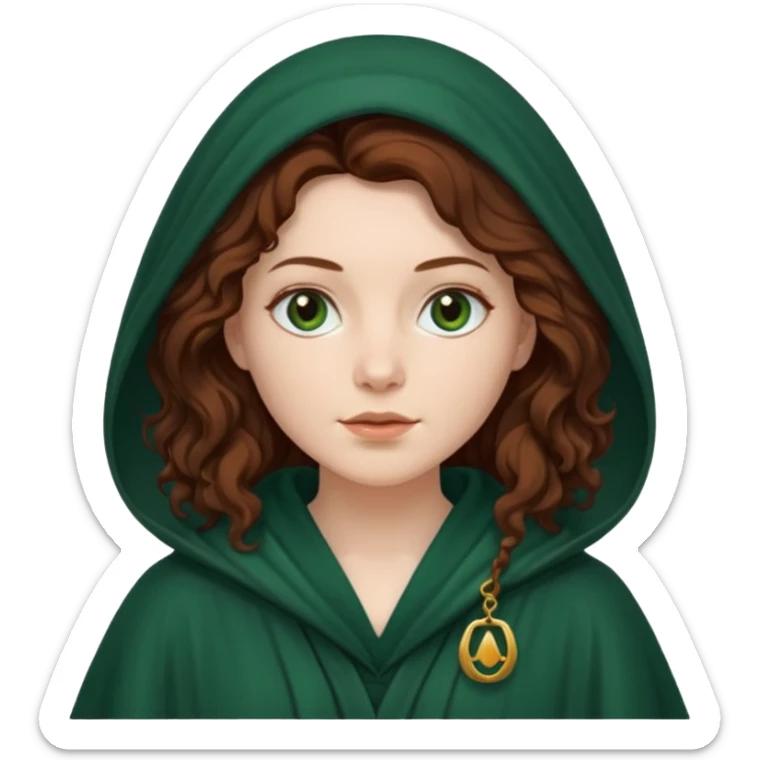 A white woman, a little heavier face, with long dark auburn hair robed and hooded like she's a Traitor in the tv show The Traitors. her hair is slightly curly, but kinda frizzy, not with defined curls, and the robe is a very dark green color sticker