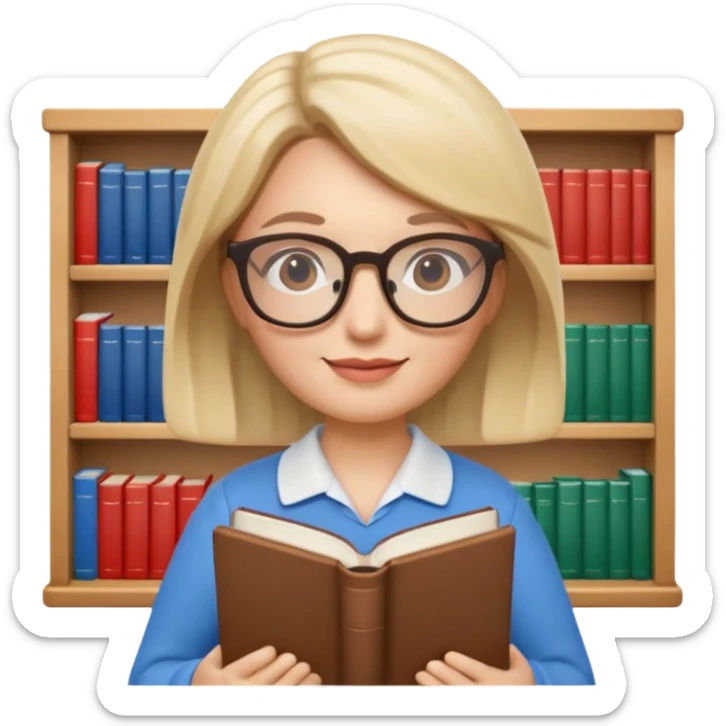 Apple Memoji-style 3D emoji of a librarian wearing glasses holding a book, clean gradients, rounded shapes, no background. sticker