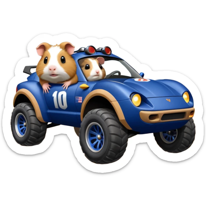 After-race dirt covered Midnight blue Local Motors Rally Fighter off road race car being driven by a five foot tall Guinea pig  sticker