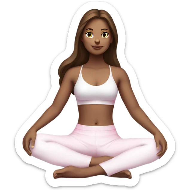 A girl with brown long hair, fair skin and brown eyes is sitting in a lotus position in a white bra top and pink skirts sticker