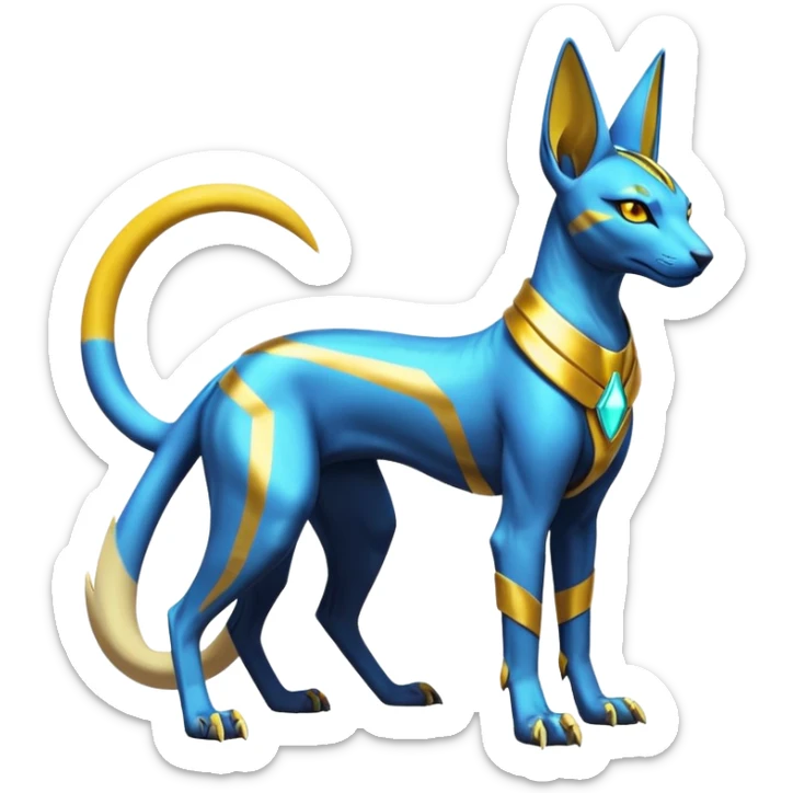 Modern futuristic shiny colorful Anubis-Sphynx-Lombax-Zeraora-Renamon-fusion (full body) sticker