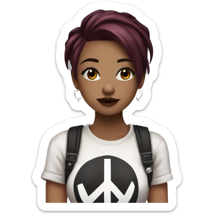 Beautiful girl with dark maroon hair and a septum piercing, hazel colors eyes, wearing an emo shirt, making a peace sign and winking sticker