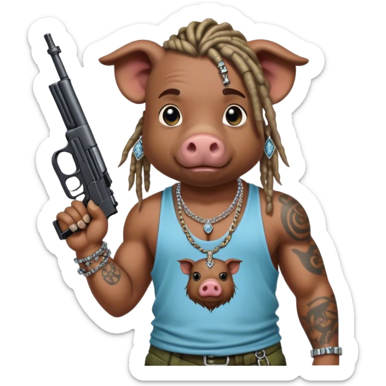 african-american race pig with dreads looking gangster with gun and tank top, with diamond blinging chain, with tattoos sticker