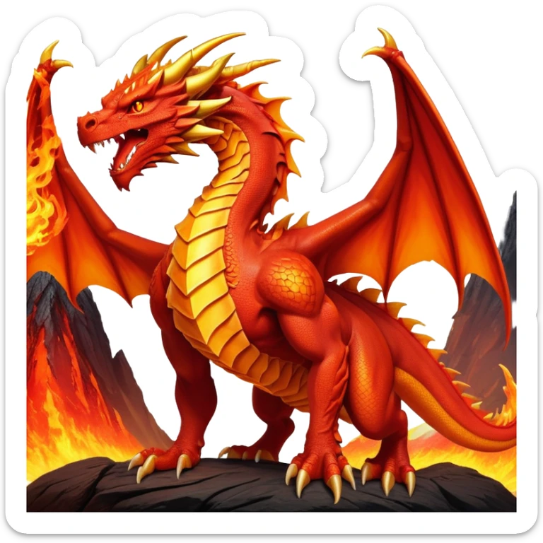 cinematic-noble-fierce-fire-dragon-full body-emoji,-poised-and-imposing,-with-a-muscular,-scaled-body-ablaze-in-fiery-hues-of-crimson,-molten-orange,-and-molten-gold,-and-intense,-burning-eyes-that-mirror-the-heart-of-a-volcano;-rendered in detail sticker