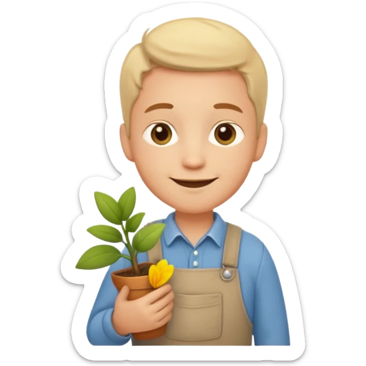 A calm, friendly male cartoon character with light skin, simple farm clothes, warm smile, holding a small plant or flower, stylized as a cute, readable emoji icon with soft earthy color sticker