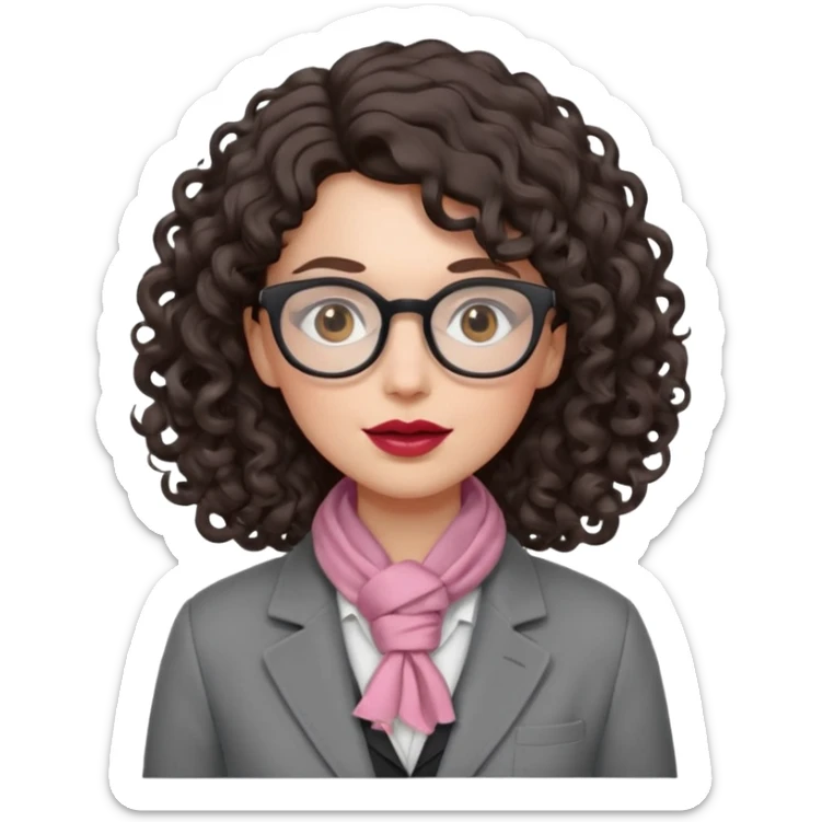A crazy female scientist, with curly-wavy dark brown hair, brown eyes and light grey glasses and pale skin and pinkish lips, dressed to look like an english teacher but in neutral tones like grey black white, maybe with the pop of dark red sticker