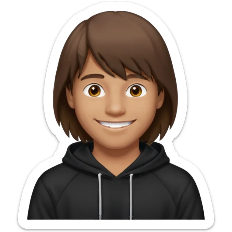 20 yr old man, brown hair, straight, big smile, white teeth, tanned skin, bangs, black hooded sweatshirt, long hair in back, middle parted bangs sticker