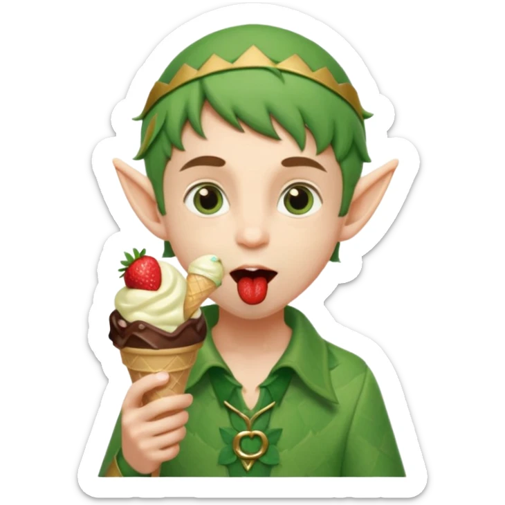 
A young elf boy in leafy clothes licking a triple-scoop ice cream with wide eyes.
baby elf with strawberry ice cream




 sticker