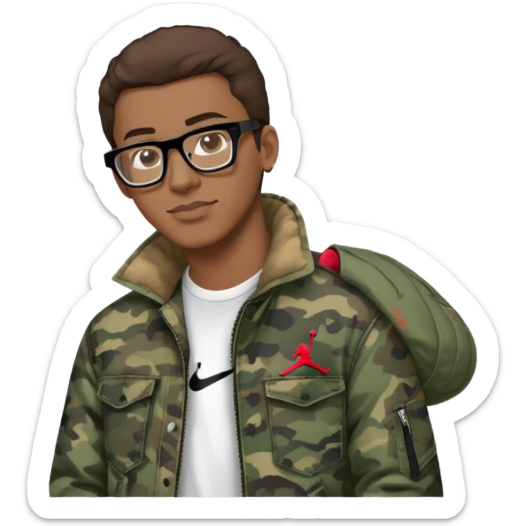 guy with glasses and brown hair and camo jacket and jeans and air jordan 3s sticker