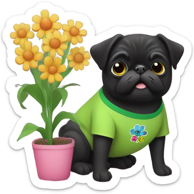 Black pug , surrounded by flowers, holding a green sign that says “good luck”  sticker
