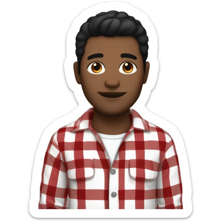Man with black hair and brown eyes wearing red and black buffalo plaid pjs. White skin. sticker