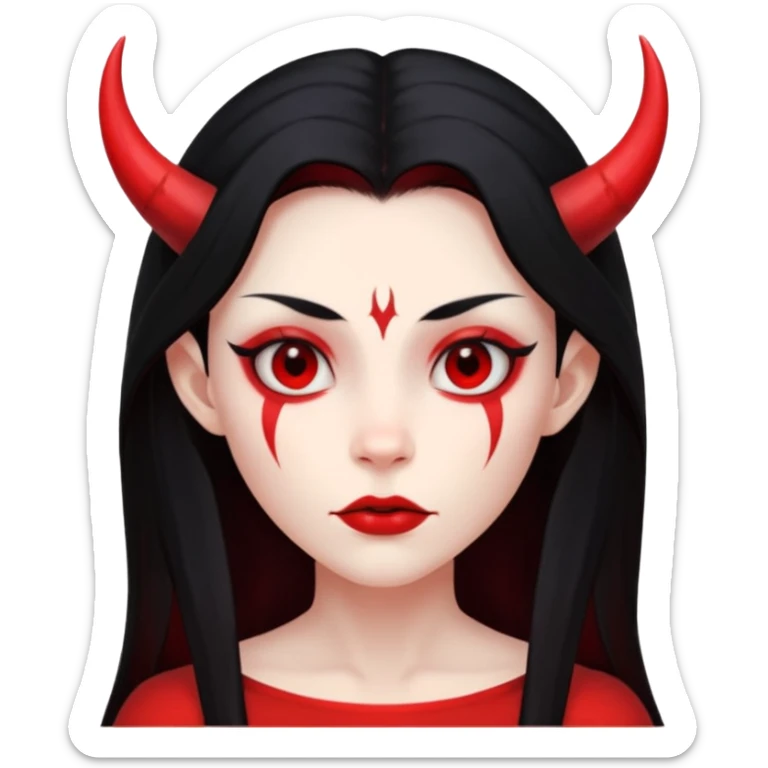 Head only demon girl: ENTIRE skin flat solid red, long straight sleek black hair, sharp cheekbones/jaw, small horns; centered, no body, no text. sticker