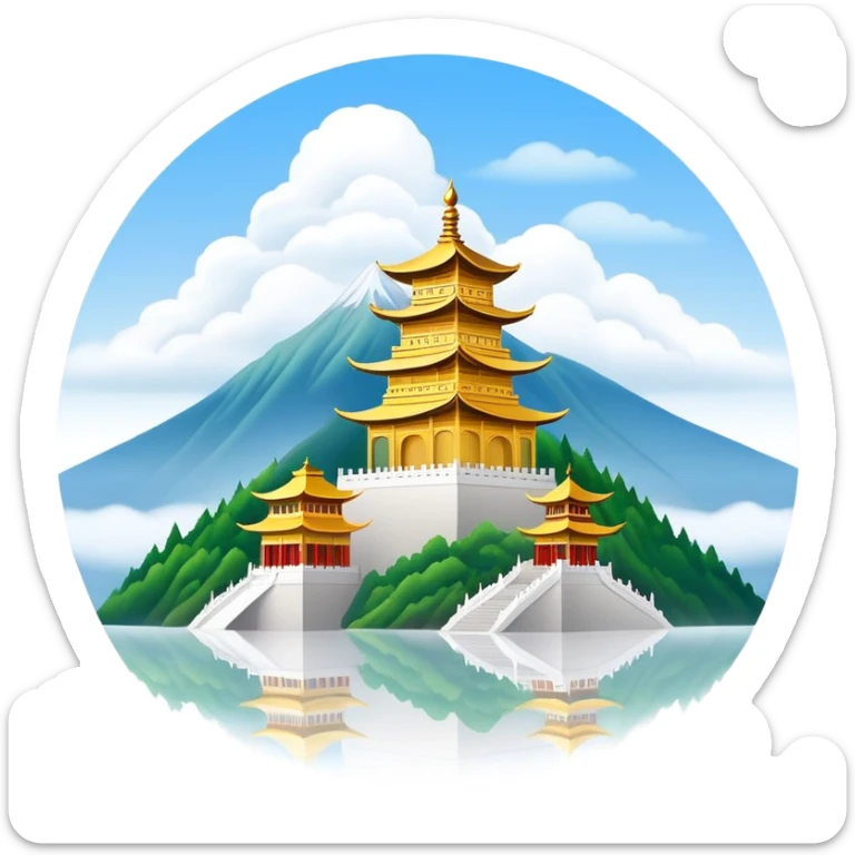 Mount Emei misty peaks with golden temple Sichuan, simplified emoji style with bold outlines and bright colors, cartoon style mountain with clouds sticker