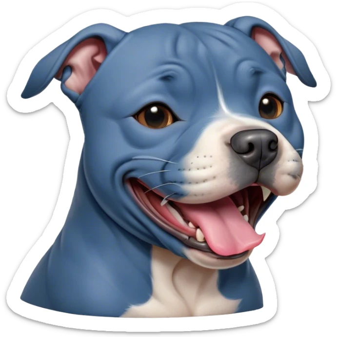 Cinematic Cute Yawning Blue Staffordshire Bull Terrier Portrait Emoji, Head tilted slightly with a dramatic, wide-open yawn, showcasing a smooth blue Fur with a refined texture, floppy ears slightly drooping, round dark eyes barely open in drowsy contentment, Simplified yet irresistibly adorable features, highly detailed, glowing with a soft, cozy glow, high shine, relaxed yet expressive, stylized with a touch of whimsy, bright and endearing, soft glowing outline, capturing the essence of a sleepy yet affectionate guardian, so drowsy it feels like it could stretch right out of the screen and curl up for a nap! sticker