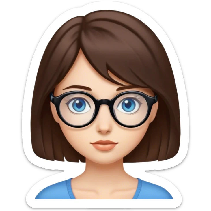 girl with medium-length brown hair, fair skin and blue eyes in black rounded glasses sticker