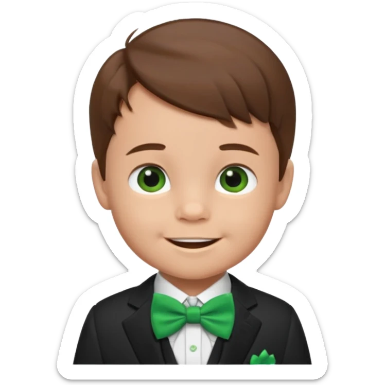 baby cute boy, brown hair in suit, with green bow, smile sticker