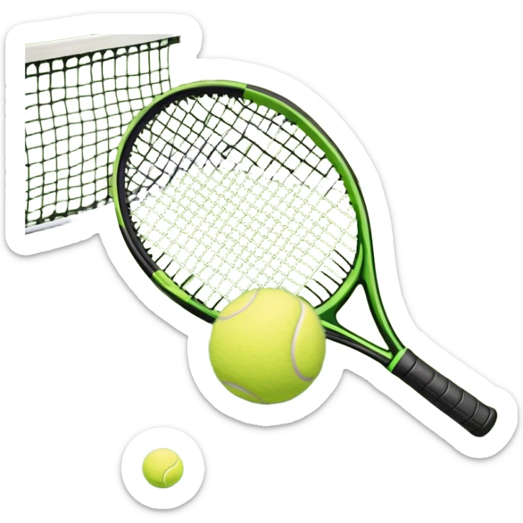 A tennis racket and a ball placed on the ground, with a tennis court in the background. The court lines and net are visible, emphasizing the structure and focus of the sport, creating a dynamic and energetic vibe. sticker