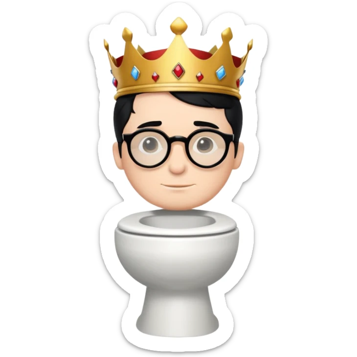 King Charles III with royal crown sitting on a toilet, wearing round glasses and black hair sticker