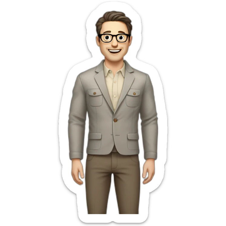 Joyful Full height Pale skinned Fit Man With dark brown hair in gray jacket, beige office shirt, Brown pants and vintage glasses. His thrumbs up sticker