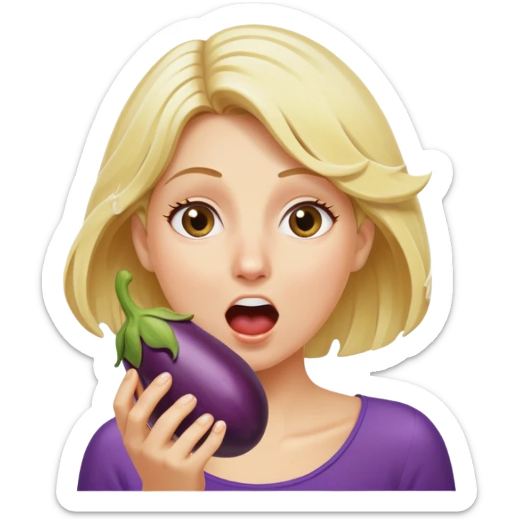 blond woman eating an eggplant, water stream squirting out of the aubergine, surprised expression, clear water splash sticker