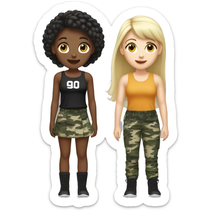 Blonde girl white with bangs and camo pants with brown girl with black hair in braid wearing skirt and tank top  sticker