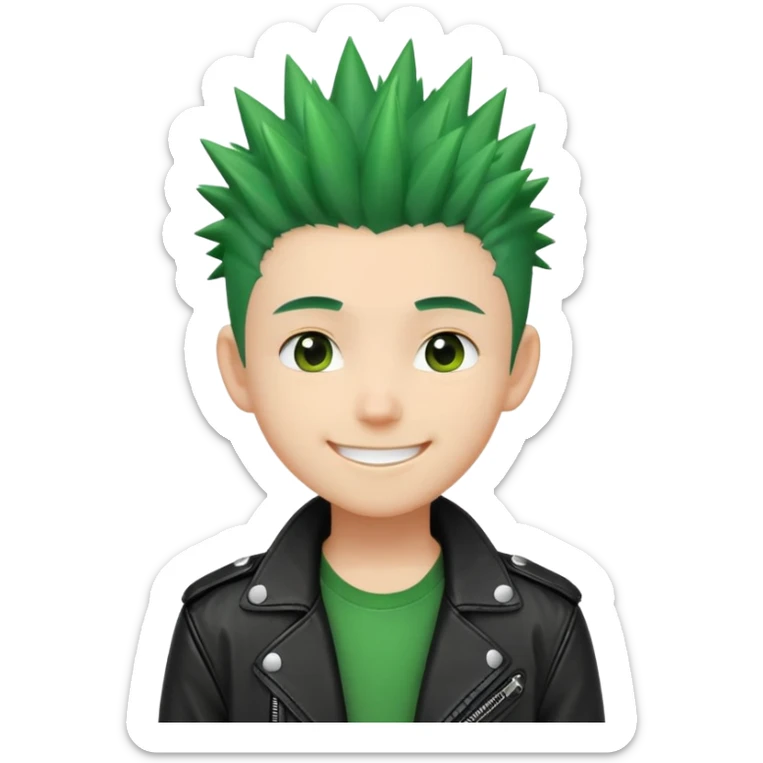 "- Nam
- 15 tuổi
- Da trắng
- Tóc xanh lá cây vuốt nhọn dựng đứng
- áo khoác da đen, mặt cười tươi
" sticker