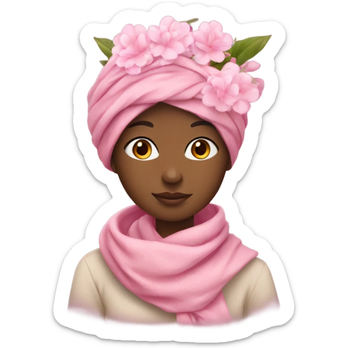 girl with a scarf on her head and a bouquet of pink flowers sticker