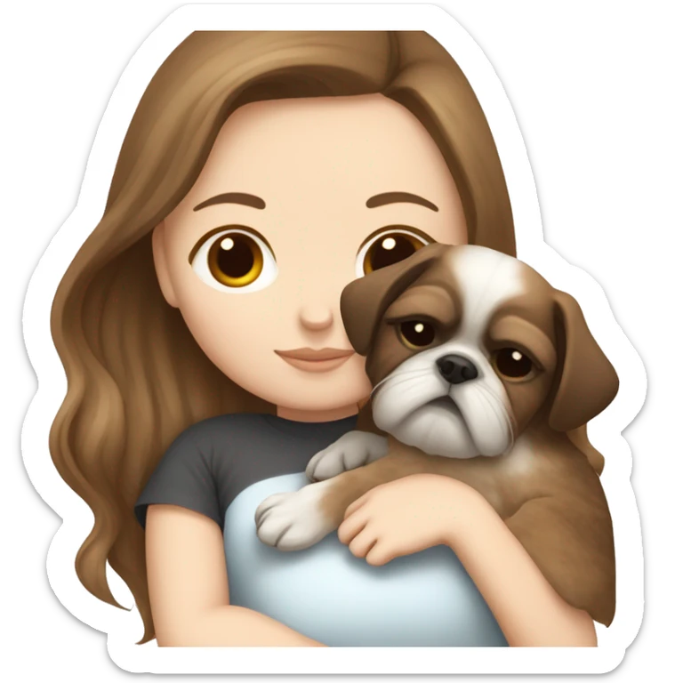 White girl straight brown hair sleeping with puppy shin tzu  sticker