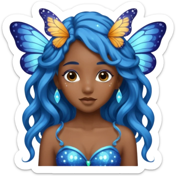 Black girl fairy with long wavy blue hair butterfly wings sparkly sticker