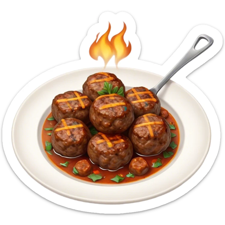 Cinematic Realistic Kofte Dish Emoji, depicted as seasoned, grilled meatballs with a charred exterior rendered with lifelike textures and robust, appetizing lighting. sticker