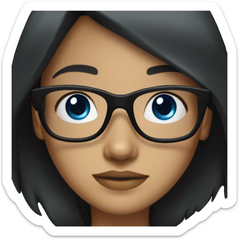 A girl with long, straight, black hair and blue eyes with black glasses and light skin sticker