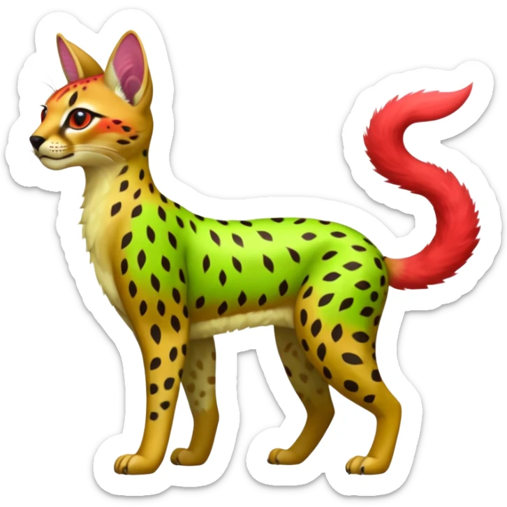 Colorful cute adorable tropical exotic fruity kiwi-green lemony rosy neon-red Caracal-Cheetah-Serval-Leopard-Trico-Sergal-Vernid-fusion-hybrid-animal-creature, full body, with tribal markings sticker