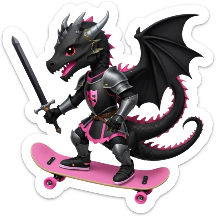 zwarte ridder met een zwarte zwaart en een zwarte schild met een zwarte draak op en hij skate met een roze skatebord en hij  zit tegen een draak te vechten sticker