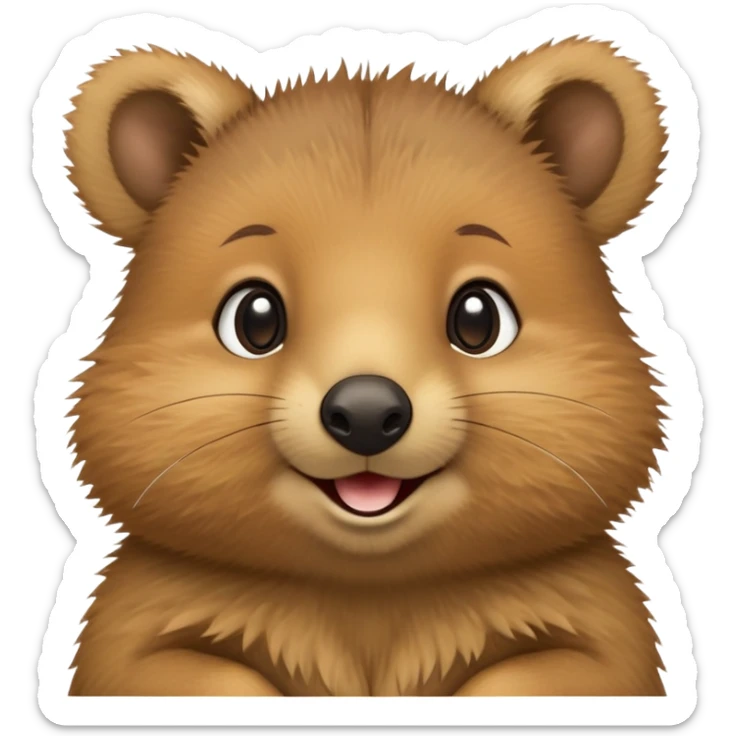 cinematic-quokka-realistic-full-body-standing on its hind legs hunched over-emoji,-small-round-frame-balanced-on-tiny-strong-hind-legs,giant fluffy cheeks large smile-fluffy-brown-fur-radiating-a-warm-softness,-big-round-eyes-filled-with-joy-and-innocence,-tiny-clawed-paws-held-close-to-chest,-cheerful-smile-exuding-endearing-happiness,-simplified-yet-realistic-focused-features,-highly-detailed,-glowing-with-a-sunny-warmth sticker