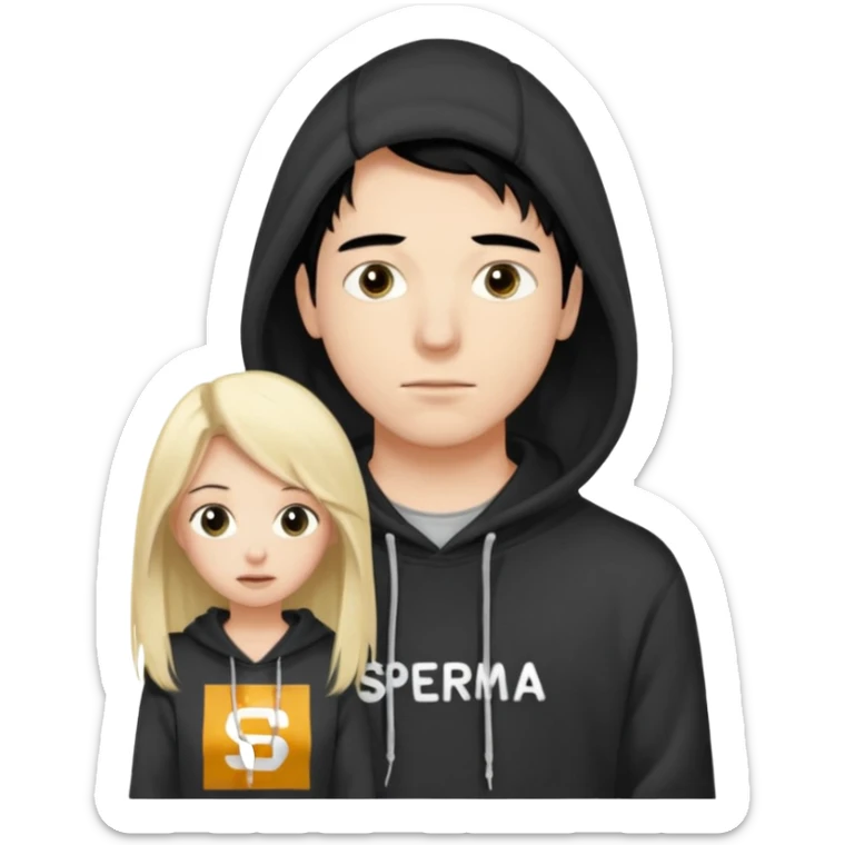 I want it to be this emote 🙍‍♂️
of a guy with black hair and a black sweatshirt with the word "sperma" written in white in the middle. Behind him, there's a pretty blonde with long hair, pulling the string on the first person's hoodie. The girl is wearing a gray sweatshirt. sticker
