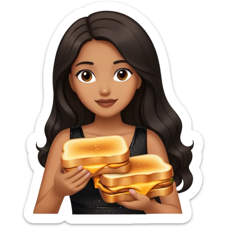 Beautiful woman in 1950’s woman fashion look, black shimmery dress, long dark brown hair, grilled cheese sandwiche sticker
