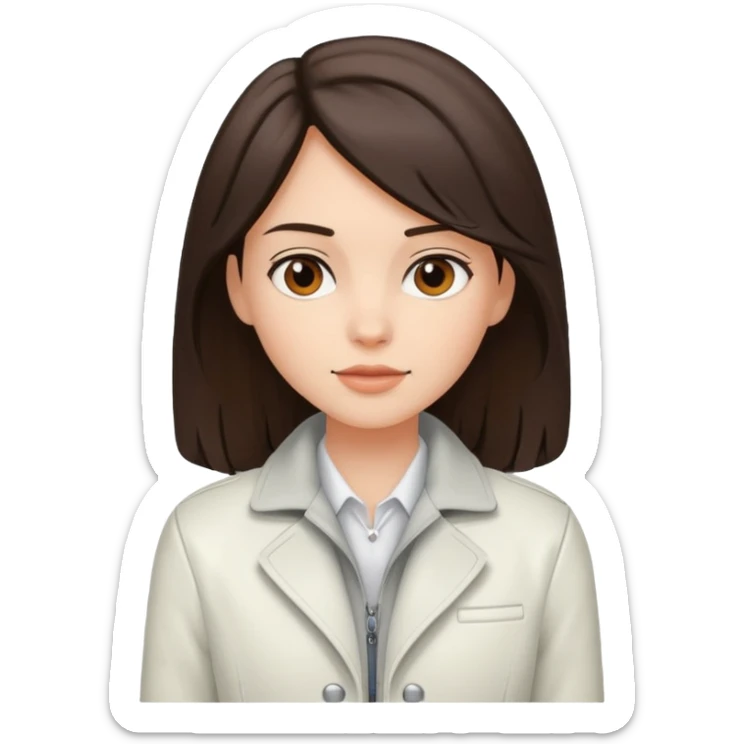 white girl with white jacket and dark brown shoulder-length hair sticker