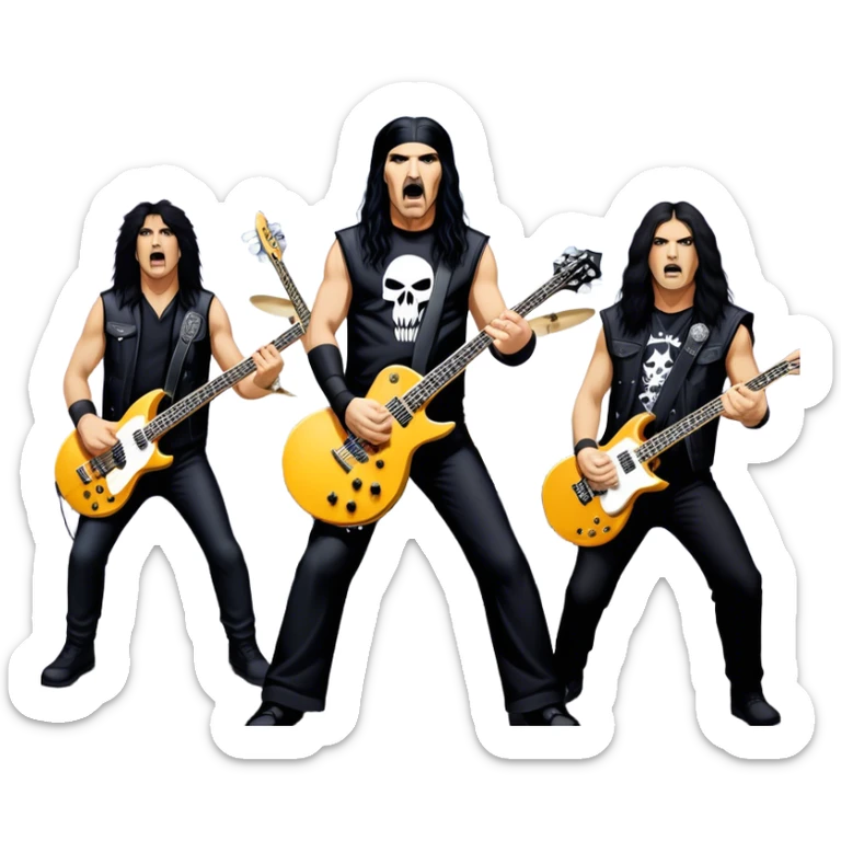 Icon for Heavy Metal: Anthrax live concert with Charlie Benante on drums, Joey Belladonna on vocals, Frank Bello on bass, Jonathan Donais and Scott Ian on guitars. The intense energy of the band is captured with instruments and stage lighting. Transparent background. sticker