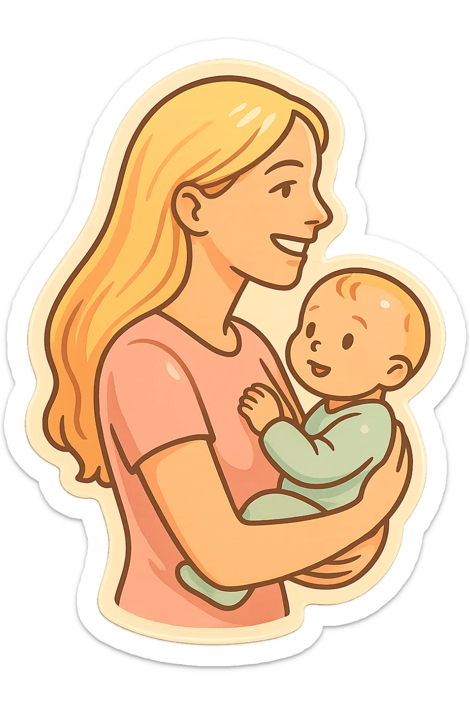 mom with long light hair holding a baby in her arms, smiling and looking forward, side view, thin clean outlines, soft rounded shapes, pastel palette, retro sticker aesthetic, detailed shadows and highlights, soft lighting sticker
