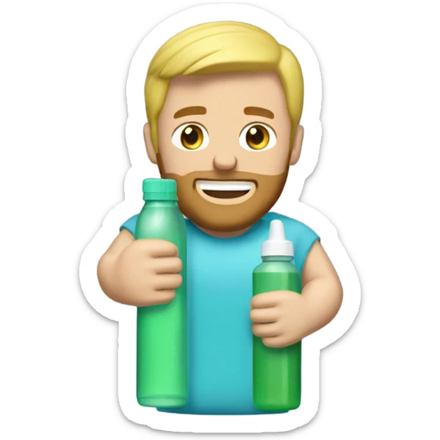 Buff man with blonde short hair and a medium length blonde beard riding on top of a giant bottle of listerine sticker