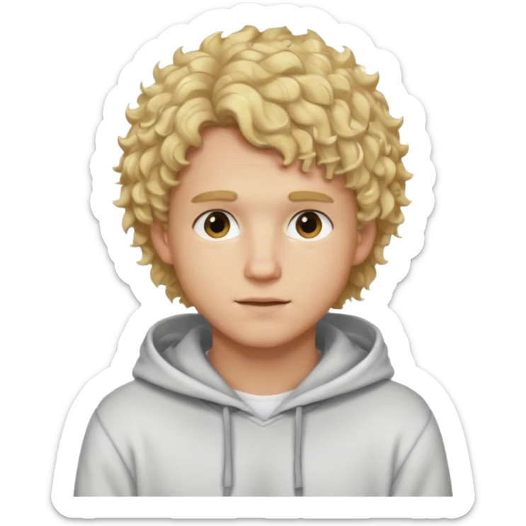 A guy with like fluffy/curly blonde hair wearing a hoodie with white shirt sticker