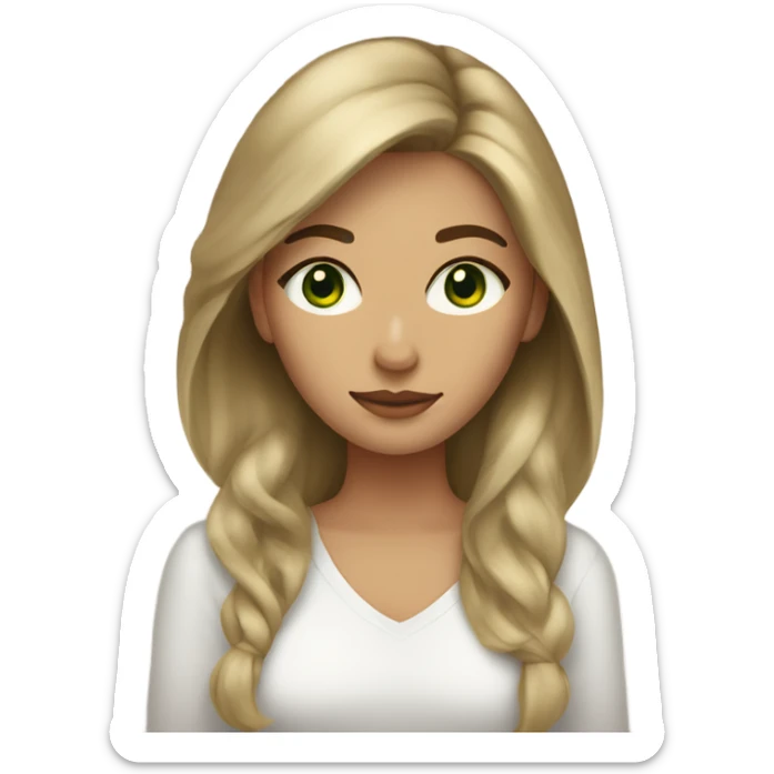 woman light tan, forest green eyes, dark brown hair blonde streaks in front of hair sticker