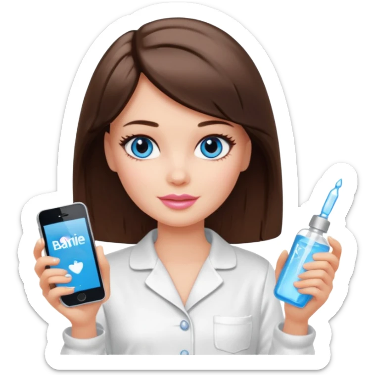 Barbie girl with makeup, blue eyes , and bob long haircut, short brown hair in white pajamas, face gel in hand sticker