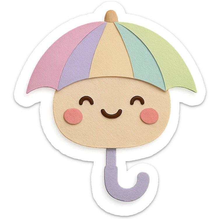 adorable pastel rainbow umbrella, happy face, no arms or legs, full body, kawaii paper craft style sticker