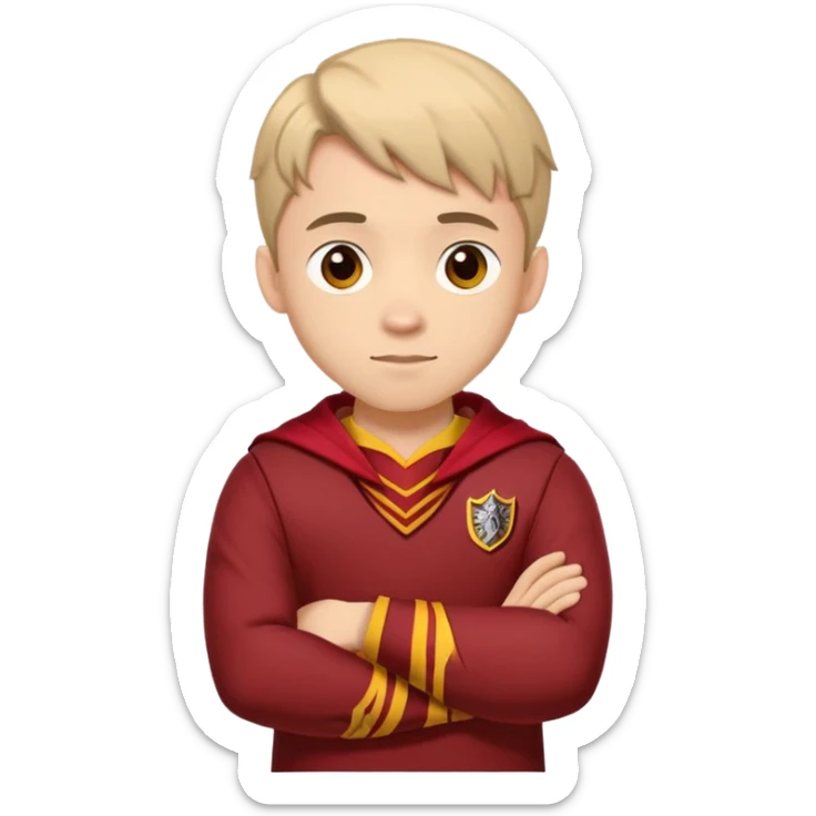 A young adult man slightly to the side looking forward with crossed arms wearing the Gryffindor uniform sticker