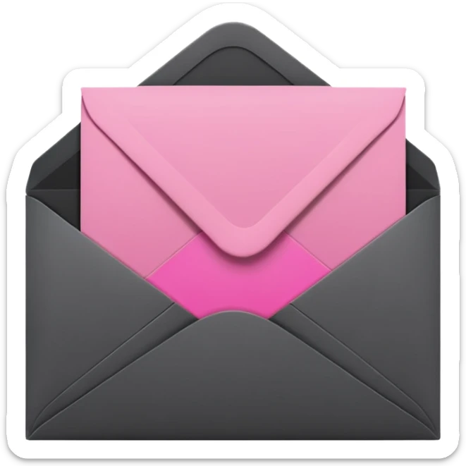 A minimalist 3D icon of an open envelope with a card inside that says 'NEWS', flat design style, colors: deep charcoal black (#000000) and soft accent pink (#f9a8d4), clean lines, high contrast, isolated on a black background, high resolution. sticker