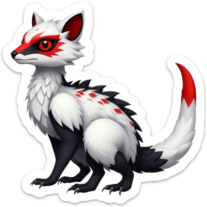 a white exotic edgy vernid-fionbr-Fakémon-creature, with black belly and red eyes, full body sticker