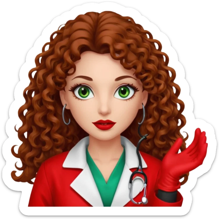 Spanish sexy evil woman. She has green eyes.  had brown long curly hair.  evil surgeon kills with needle wears red sexy doctor coat with red long mouth cover red gloves.  sticker